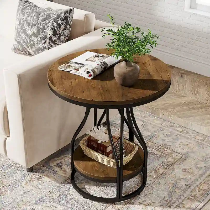 Round 2-Tier End Table in White and Gold with Storage