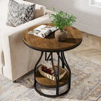 Round 2-Tier End Table in White and Gold with Storage