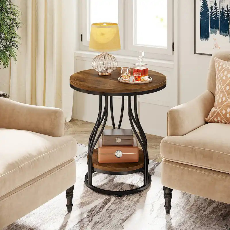 Round 2-Tier End Table in White and Gold with Storage