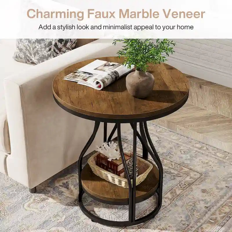 Round 2-Tier End Table in White and Gold with Storage