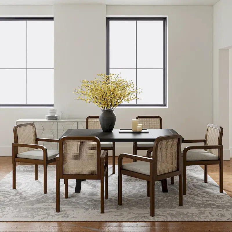 Modern Rattan Back Dining Chair with Removable Linen Cushion