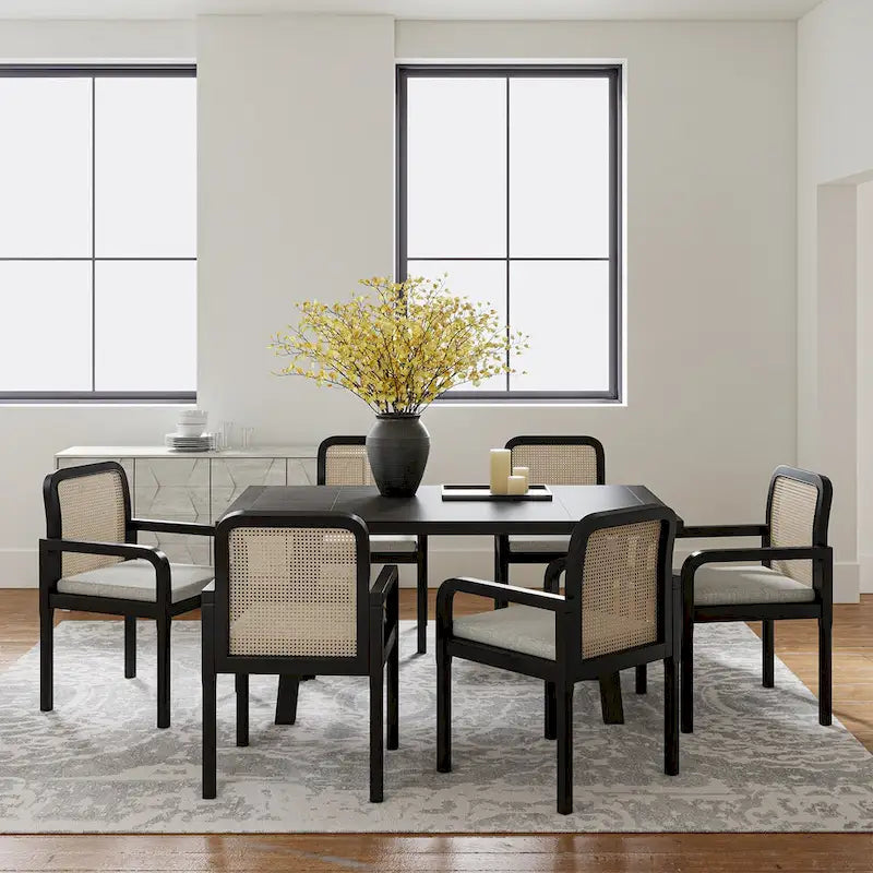 Modern Rattan Back Dining Chair with Removable Linen Cushion