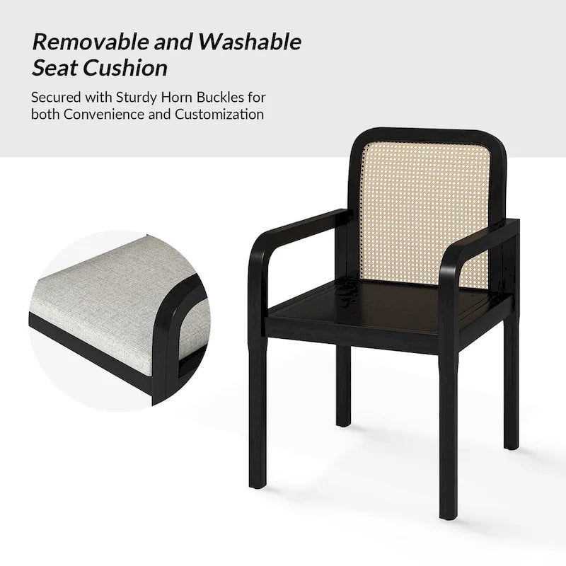 Modern Rattan Back Dining Chair with Removable Linen Cushion