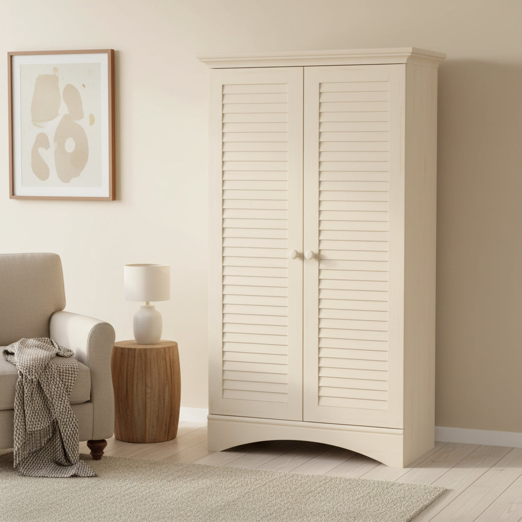 Vintage Antique White Wood Finish Wardrobe Armoire Storage Cabinet with Louver Doors - 35.4W x 16.8D x 61H