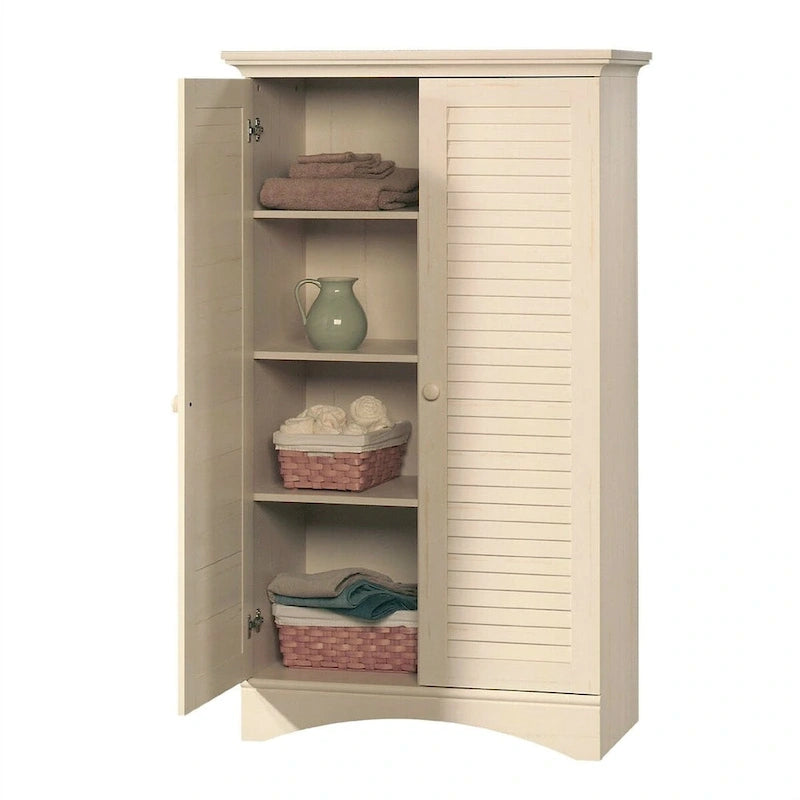 Antique White Wood Wardrobe Armoire with Louver Doors, 35.4W x 16.8D x 61H