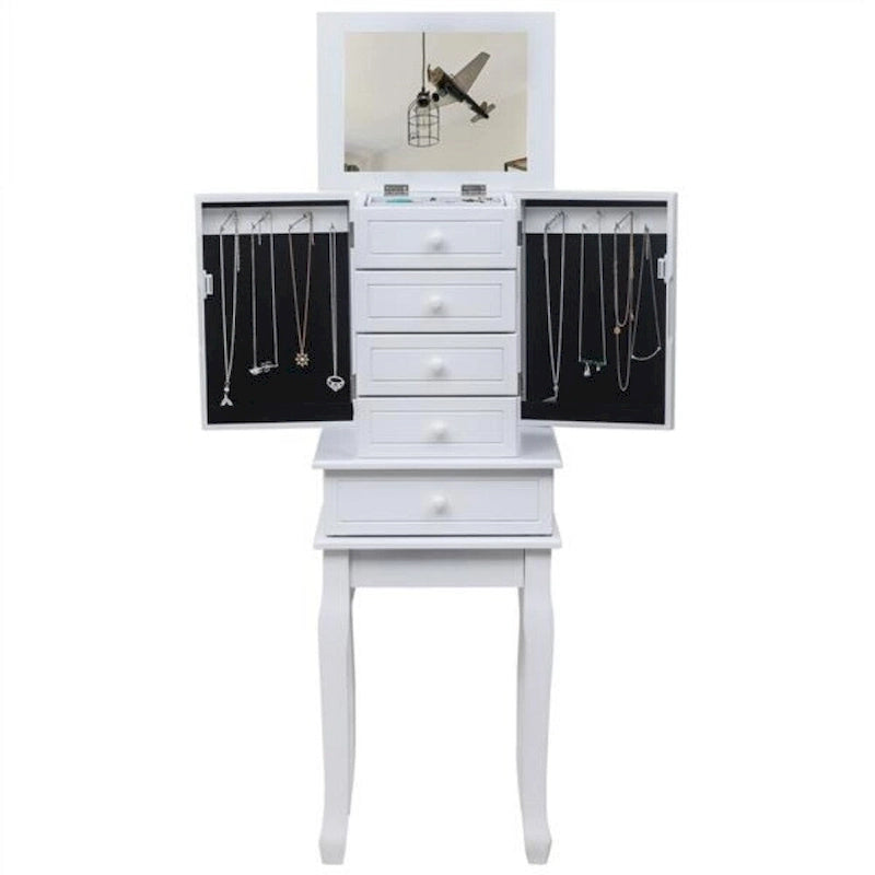 Standing Jewelry Armoire with Mirror, 5 Drawers & 14 Necklace Hooks, Jewelry Cabinet Chest with Removable Ring Storage Slot and