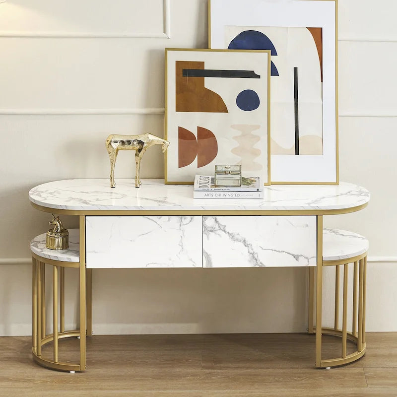 Modern White Faux Marble Top Console Table with Gold Metal Frame