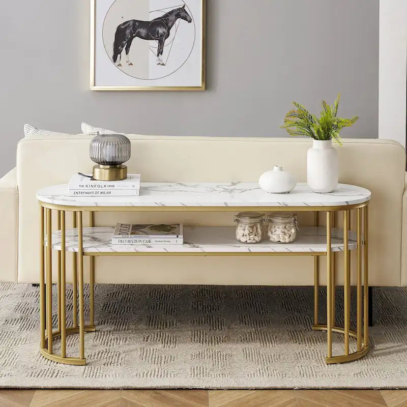 Modern White Faux Marble Top Console Table with Gold Metal Frame