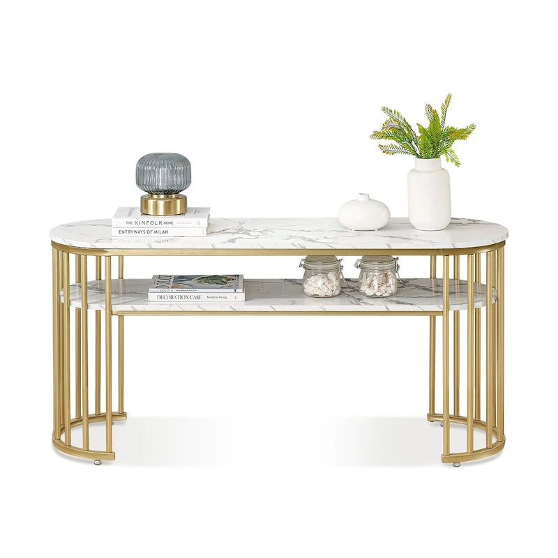 Modern White Faux Marble Top Console Table with Gold Metal Frame