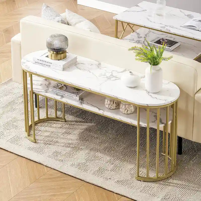 Modern White Faux Marble Top Console Table with Gold Metal Frame