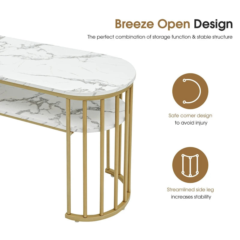 Modern White Faux Marble Top Console Table with Gold Metal Frame