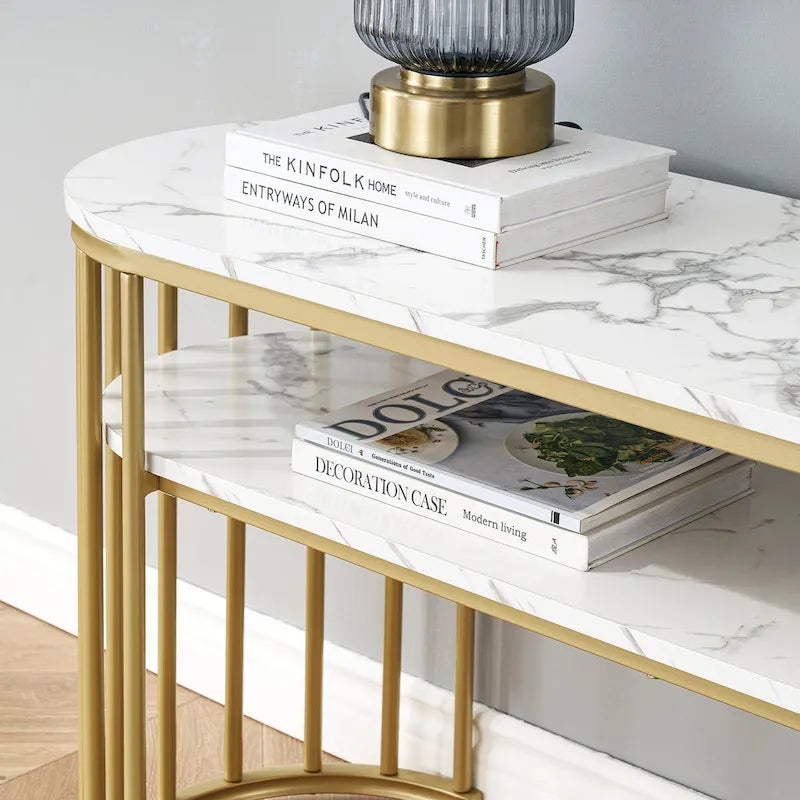 Modern White Faux Marble Top Console Table with Gold Metal Frame