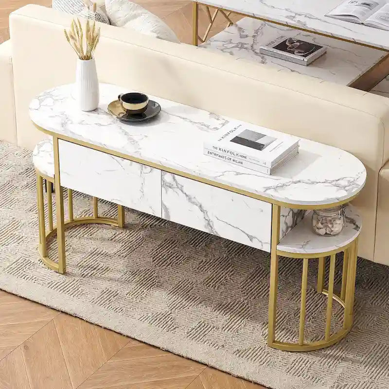 Modern White Faux Marble Top Console Table with Gold Metal Frame