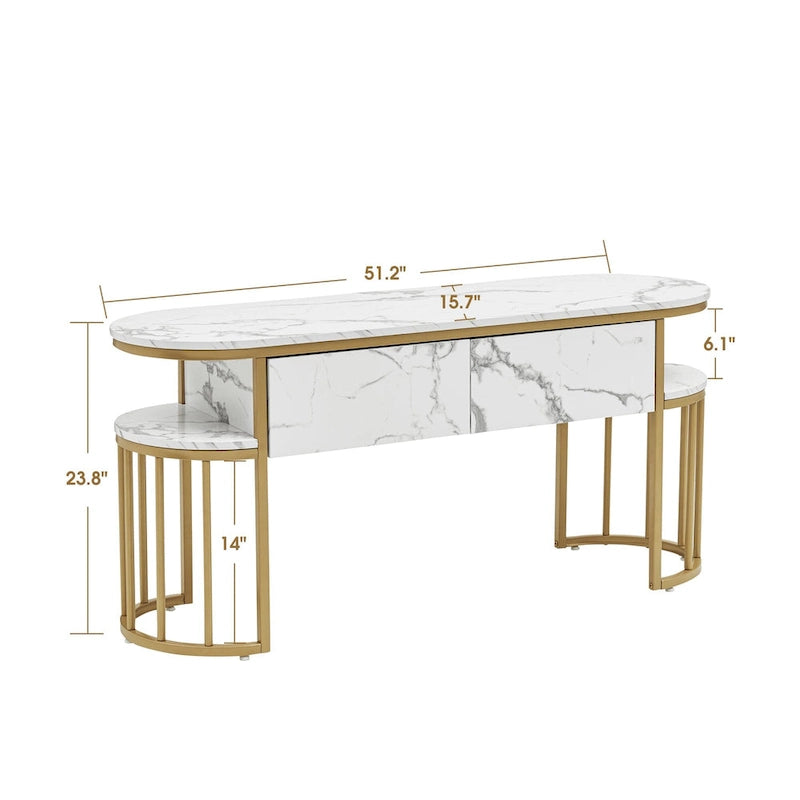 Modern White Faux Marble Top Console Table with Gold Metal Frame