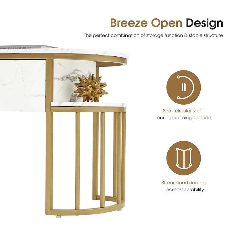 Modern White Faux Marble Top Console Table with Gold Metal Frame