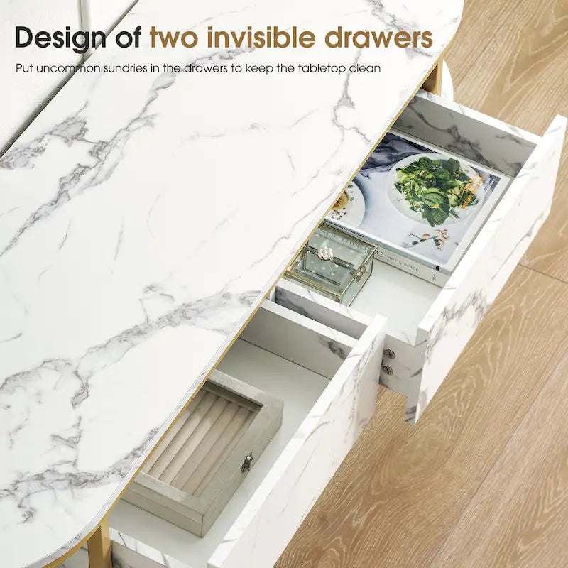 Modern White Faux Marble Top Console Table with Gold Metal Frame