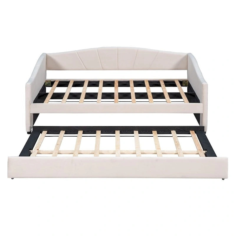 Twin Size Upholstered Velvet Daybed with Pull-Out Trundle and Wood Slats