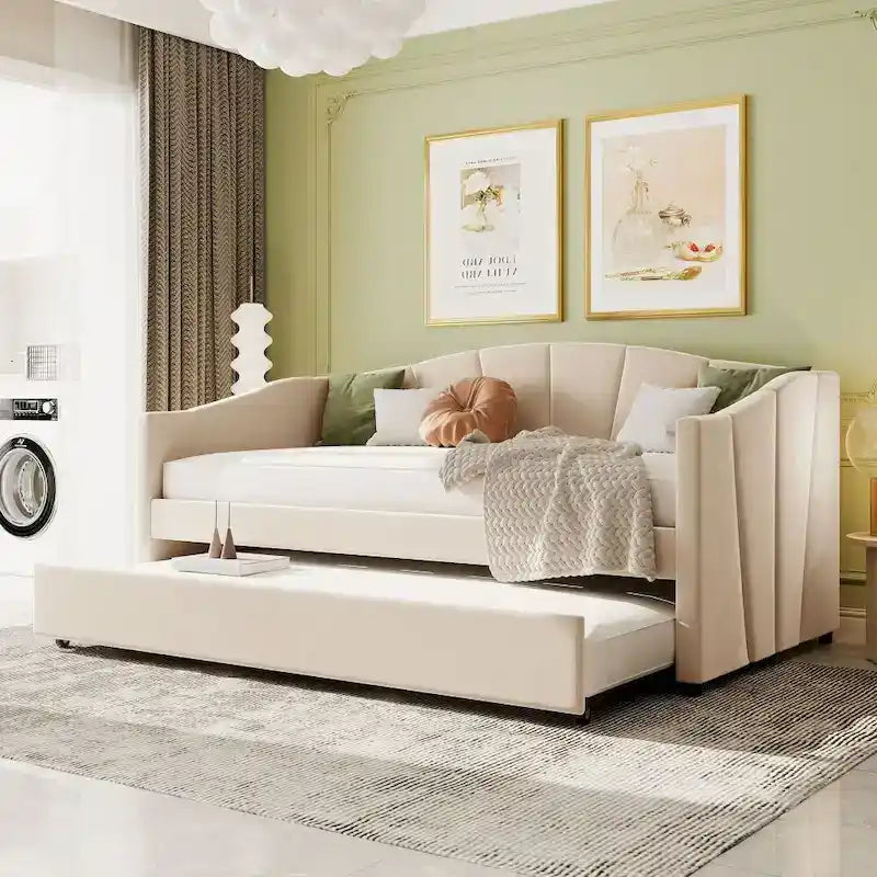 Twin Size Upholstered Velvet Daybed with Pull-Out Trundle and Wood Slats