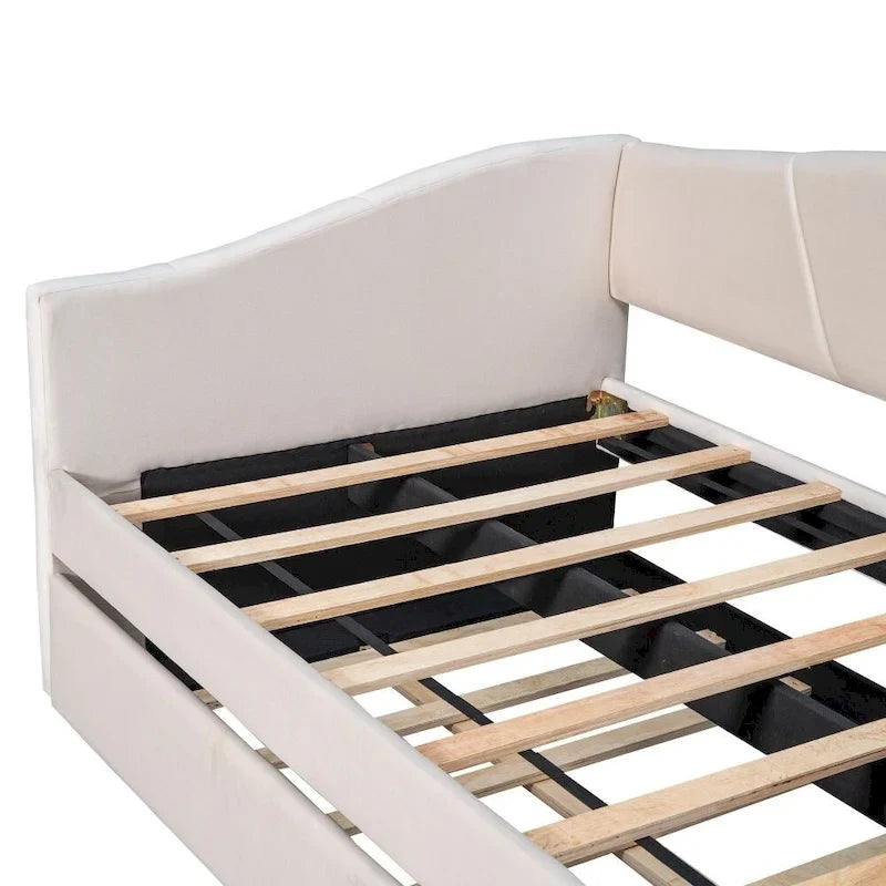 Twin Size Upholstered Velvet Daybed with Pull-Out Trundle and Wood Slats