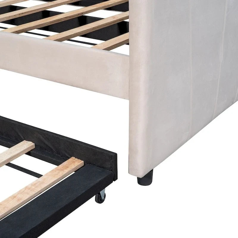 Twin Size Upholstered Velvet Daybed with Pull-Out Trundle and Wood Slats