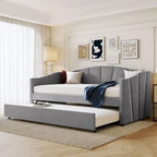 Twin Size Upholstered Velvet Daybed with Pull-Out Trundle and Wood Slats