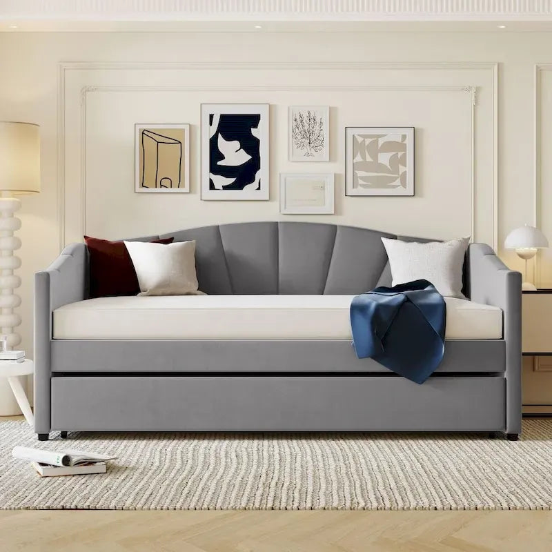 Twin Size Upholstered Velvet Daybed with Pull-Out Trundle and Wood Slats