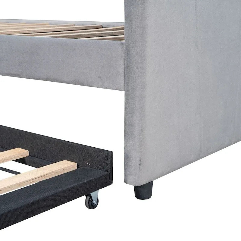 Twin Size Upholstered Velvet Daybed with Pull-Out Trundle and Wood Slats