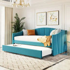 Twin Size Upholstered Velvet Daybed with Pull-Out Trundle and Wood Slats