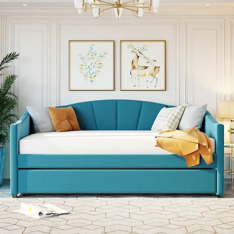 Twin Size Upholstered Velvet Daybed with Pull-Out Trundle and Wood Slats