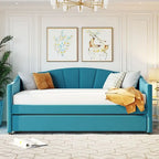 Twin Size Upholstered Velvet Daybed with Pull-Out Trundle and Wood Slats