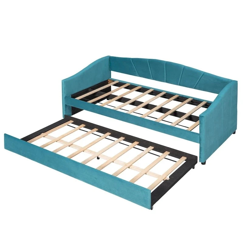 Twin Size Upholstered Velvet Daybed with Pull-Out Trundle and Wood Slats