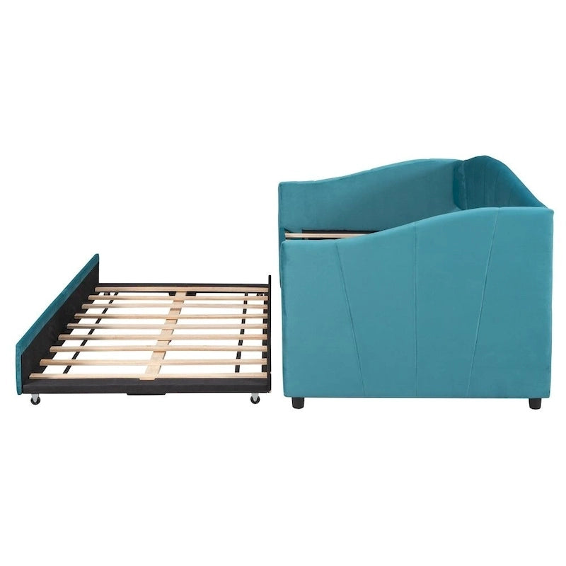 Twin Size Upholstered Velvet Daybed with Pull-Out Trundle and Wood Slats