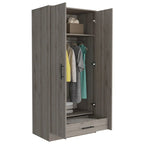 Armoire, Two Shelves, Double Door, Metal Rod, One Drawer -Light Gray
