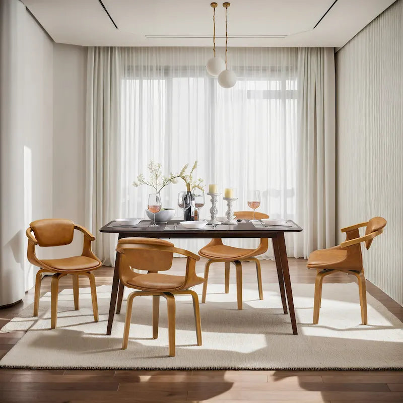  Set of 4 Wood and Faux Leather Swivel Chairs