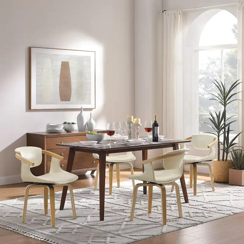 Mid-Century Modern Faux Leather Swivel Dining Chair with Wood Legs
