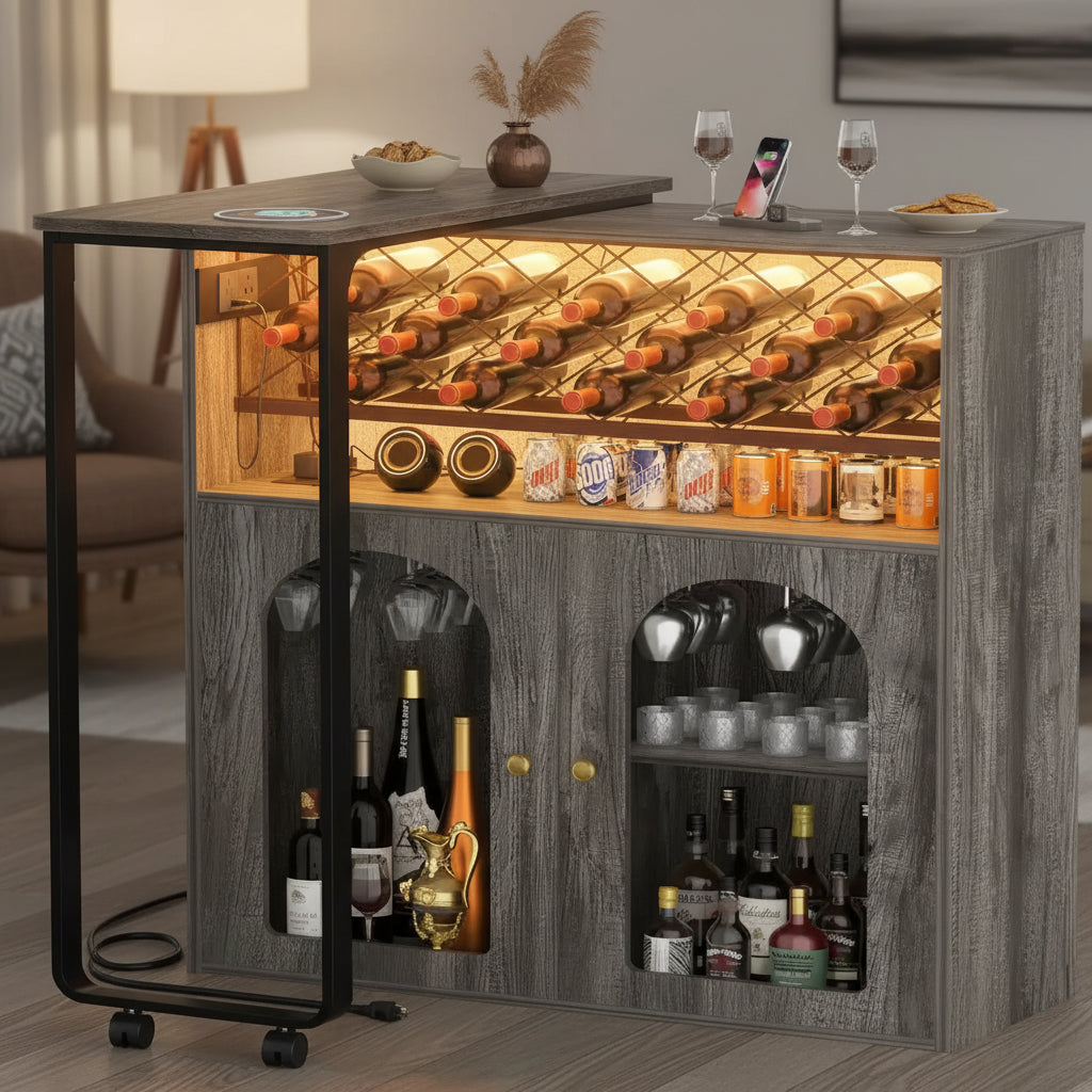 Foldable Kitchen Island with Storage Cabinet and Built-In Charging Station