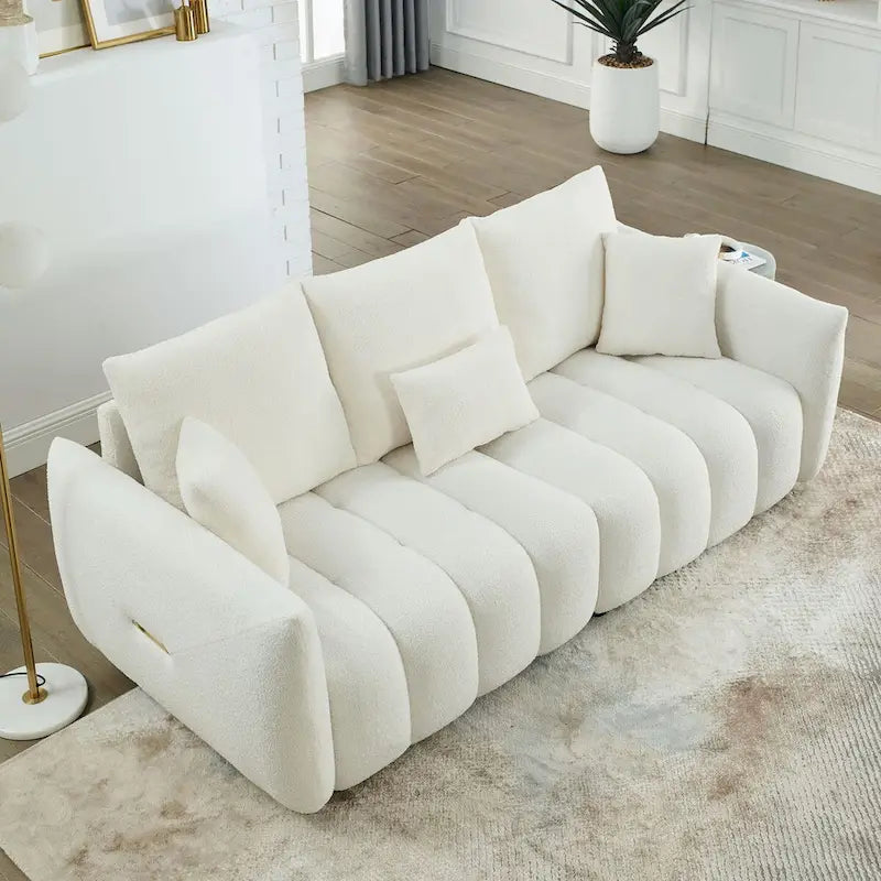 82-Inch Teddy Fabric Sofa with Solid Wood Frame and Back Cushions