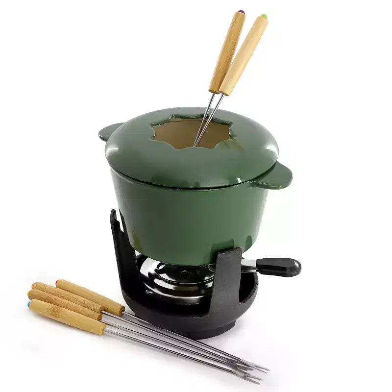 MegaChef Enameled Cast Iron 10 Piece Fondue Pot Set with Serving Forks in Green