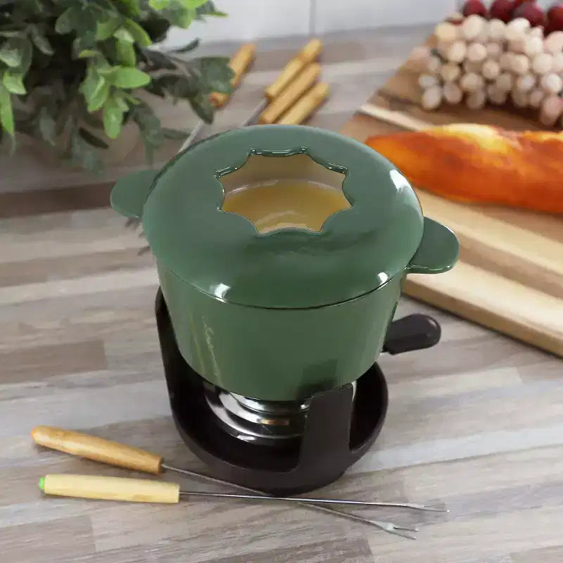 MegaChef Enameled Cast Iron 10 Piece Fondue Pot Set with Serving Forks in Green