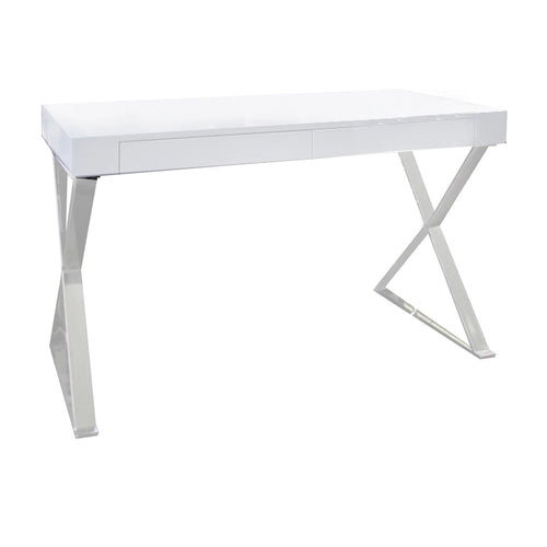 47-Inch Office Desk, White Wood Top, 2 Drawers, X Polished Steel Legs