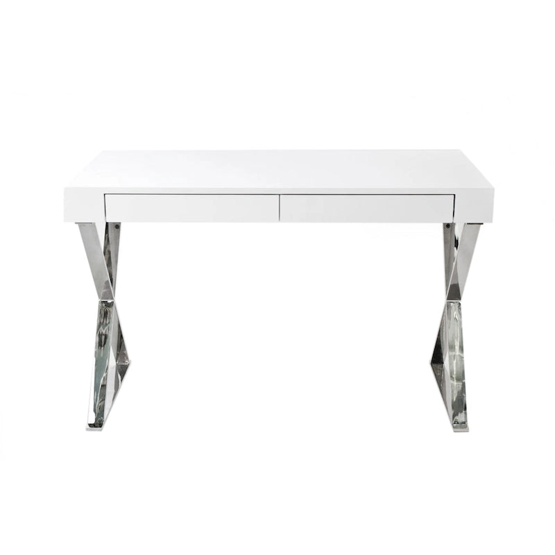 47-Inch Office Desk, White Wood Top, 2 Drawers, X Polished Steel Legs
