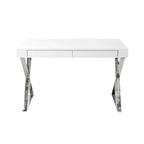 47-Inch Office Desk, White Wood Top, 2 Drawers, X Polished Steel Legs