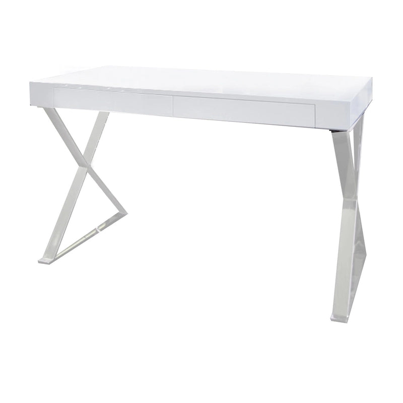 47-Inch Office Desk, White Wood Top, 2 Drawers, X Polished Steel Legs