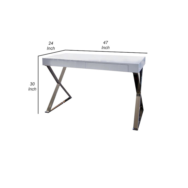 47-Inch Office Desk, White Wood Top, 2 Drawers, X Polished Steel Legs