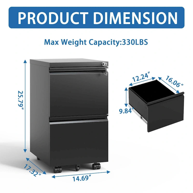 2-Drawer Metal Rolling File Cabinet with Lock for Legal/Letter/A4 Files