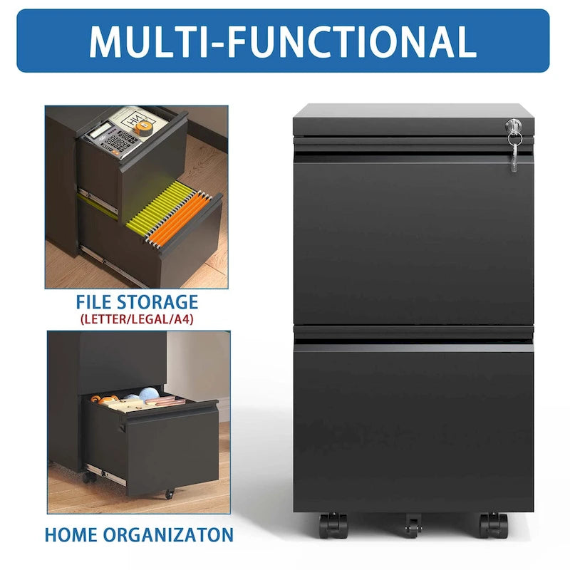 2-Drawer Metal Rolling File Cabinet with Lock for Legal/Letter/A4 Files