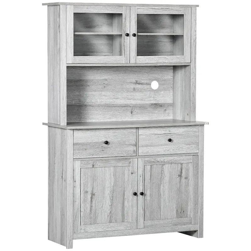 Kitchen Buffet Cabinet with Hutch, Glass Doors, 4 Shelves, and Open Microwave Countertop