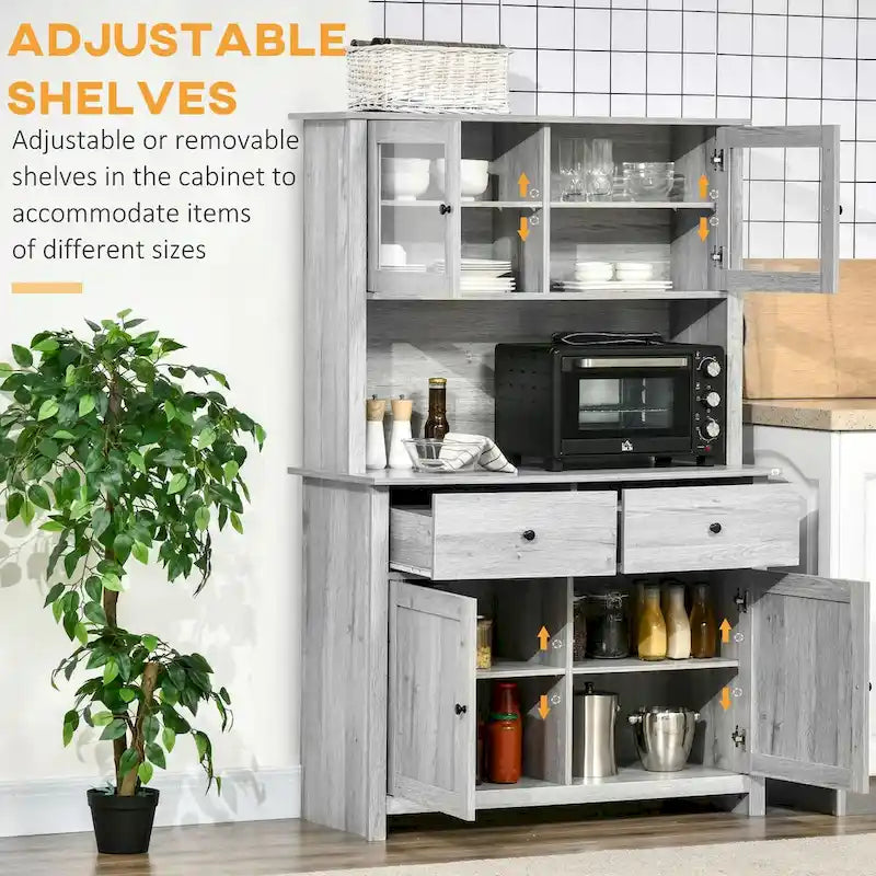Kitchen Buffet Cabinet with Hutch, Glass Doors, 4 Shelves, and Open Microwave Countertop