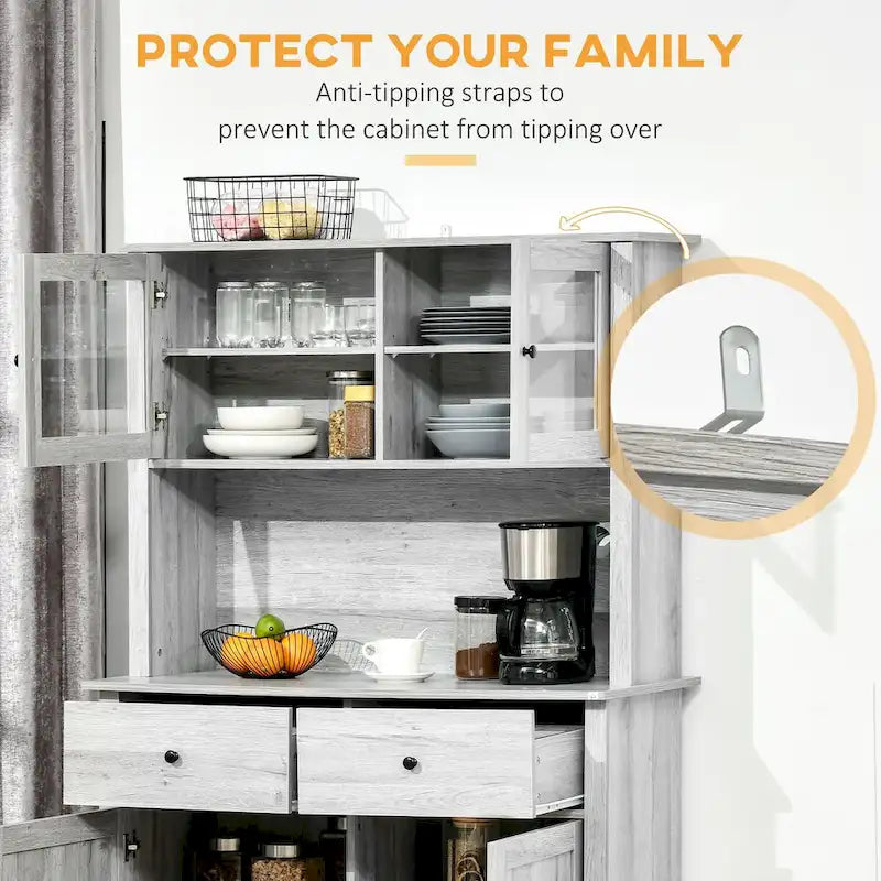 Kitchen Buffet Cabinet with Hutch, Glass Doors, 4 Shelves, and Open Microwave Countertop