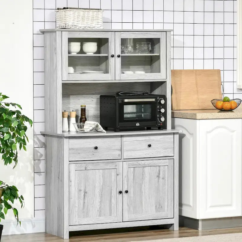 Kitchen Buffet Cabinet with Hutch, Glass Doors, 4 Shelves, and Open Microwave Countertop